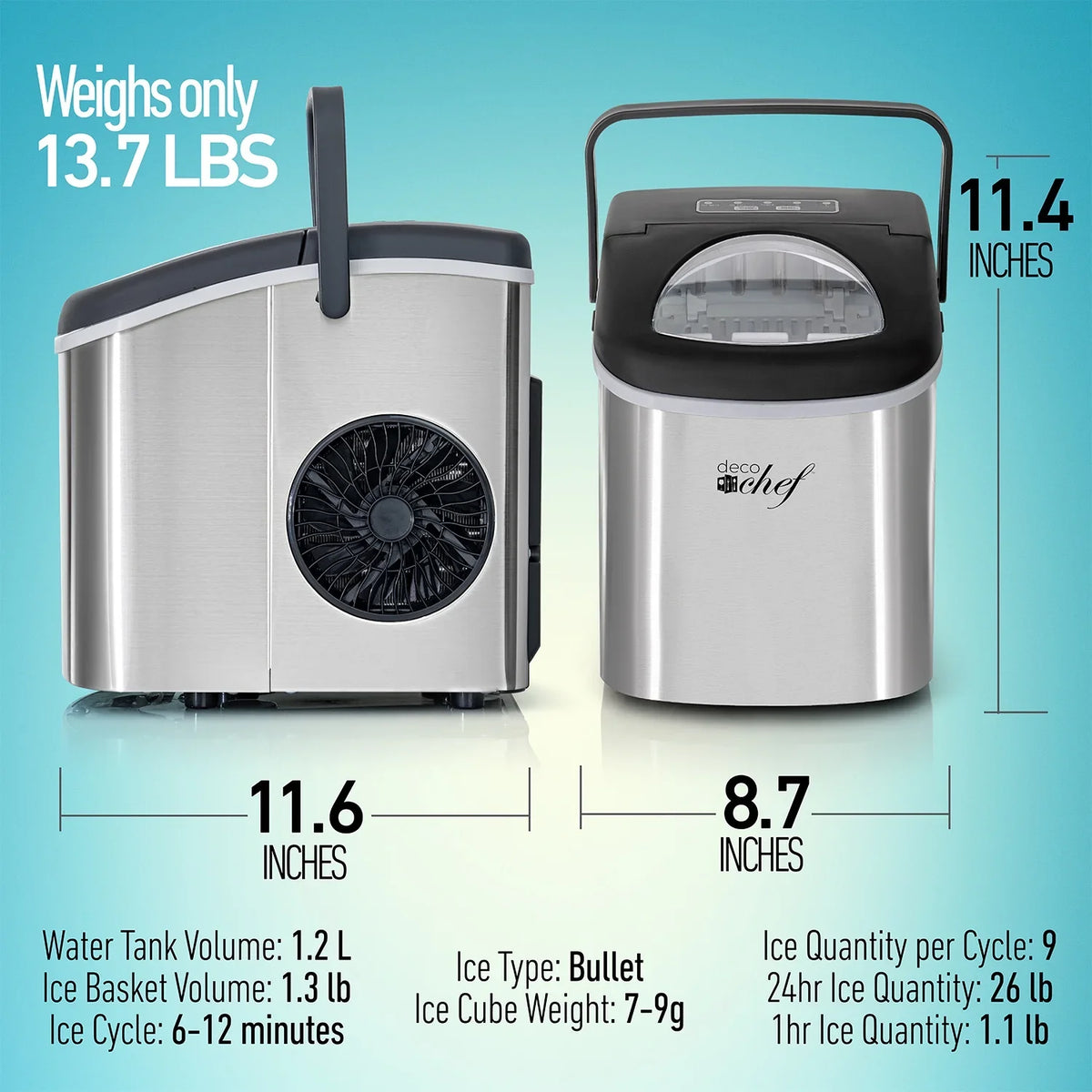Deco Compact Countertop Ice Maker, 26LBs in 24HRs, 9 Bullet Ice Cubes Ready in 6 Minutes, Stainless Steel - image 8