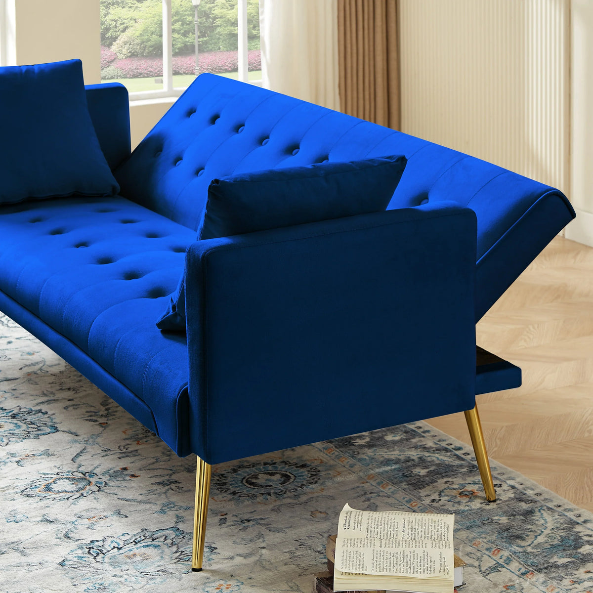 Leumius Velvet Futon Sofa Bed Mid-Century Modern Adjustable Backrest with Pillows, Gray/Gold - image 24