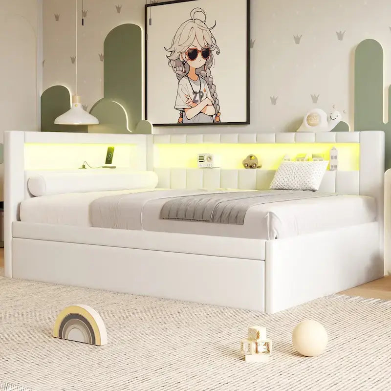 Upholstered Platform Bed with USB Ports & LED Lighting - Full/Twin Size Bed Frame with 2 Storage Drawers - Modern Bedroom - image 24