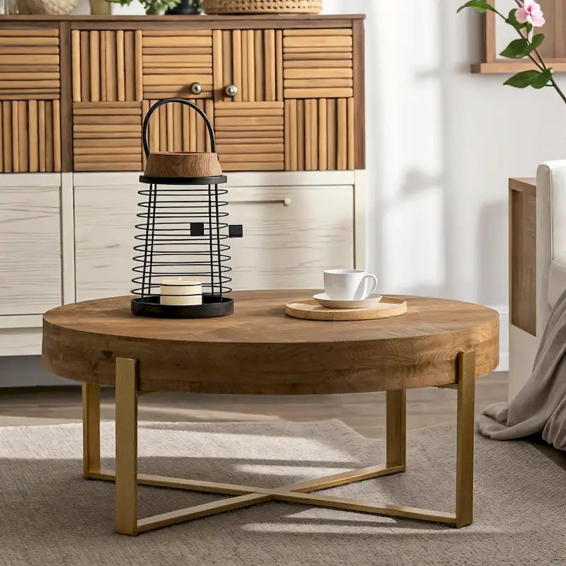 33.86" Modern Retro Round Coffee Table with Cross-Leg Base and Wooden Splicing Design - image 6