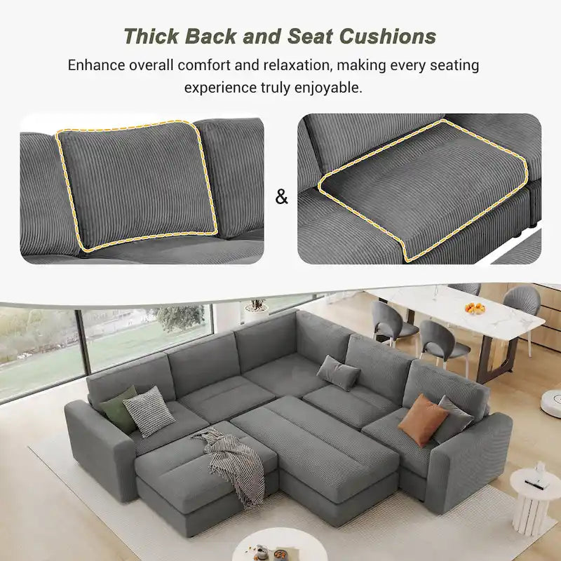 Corduroy Modular Sectional Sofa Bed with Recliner and 2 Movable Ottomans – Perfect for Living Rooms - image 8