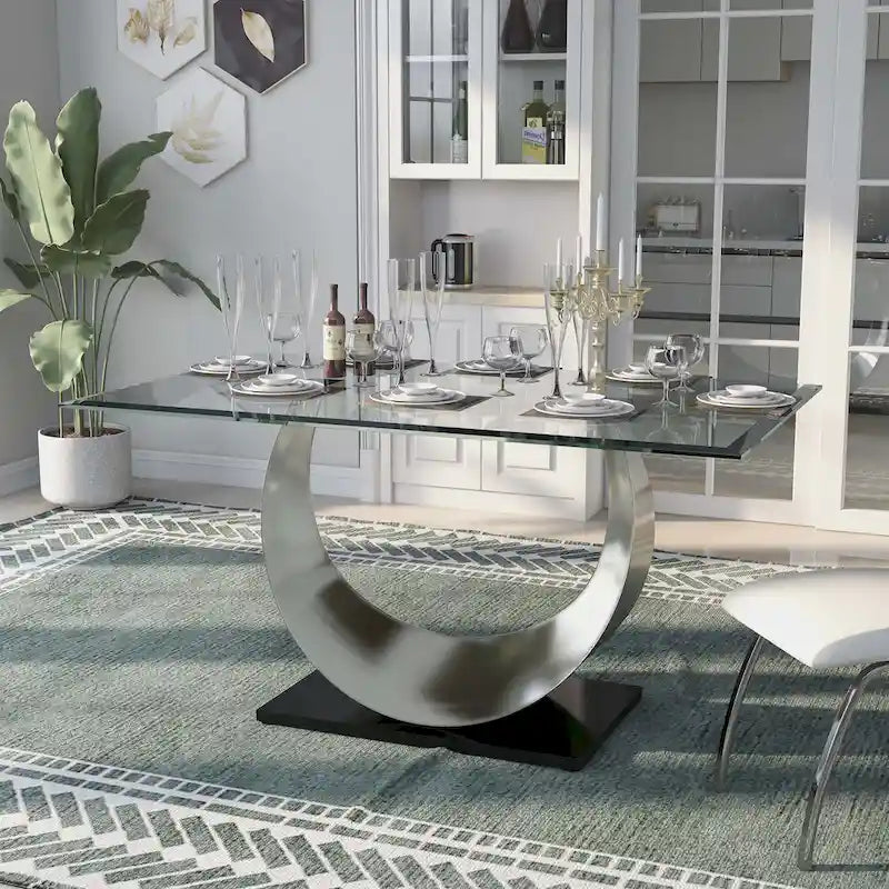 Glass Dining Table Set with 6 Upholstered Chairs and Metal Base - image 2