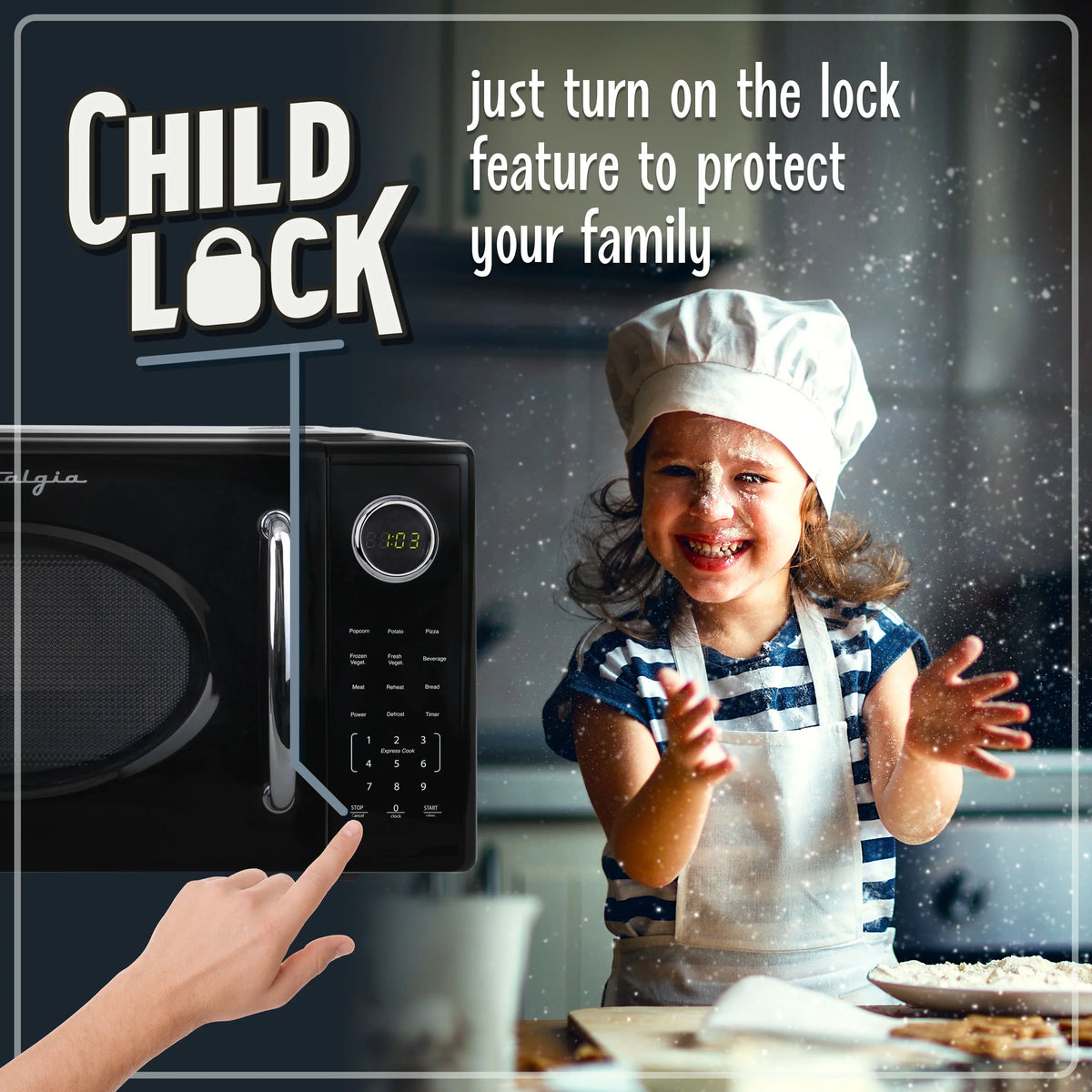 Nostalgia Retro Microwave Oven - 1.1 Cu Ft & 1000-Watt Countertop Size with Glass Turntable, Child Safety Lock, 8 Auto-Cook Programs & Digital Clock - Black - image 10