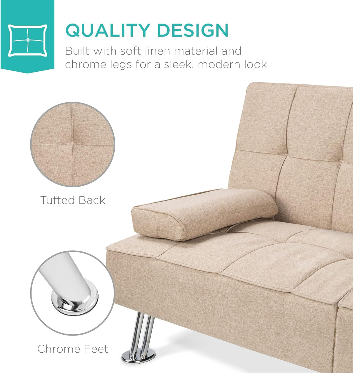 Best Choice Products Linen Upholstered Modern Convertible Folding Futon Sofa Bed for Compact Living Space, Apartment, Dorm, Bonus Room w/Removable Armrests, Metal Legs, 2 Cupholders - Gray - image 9