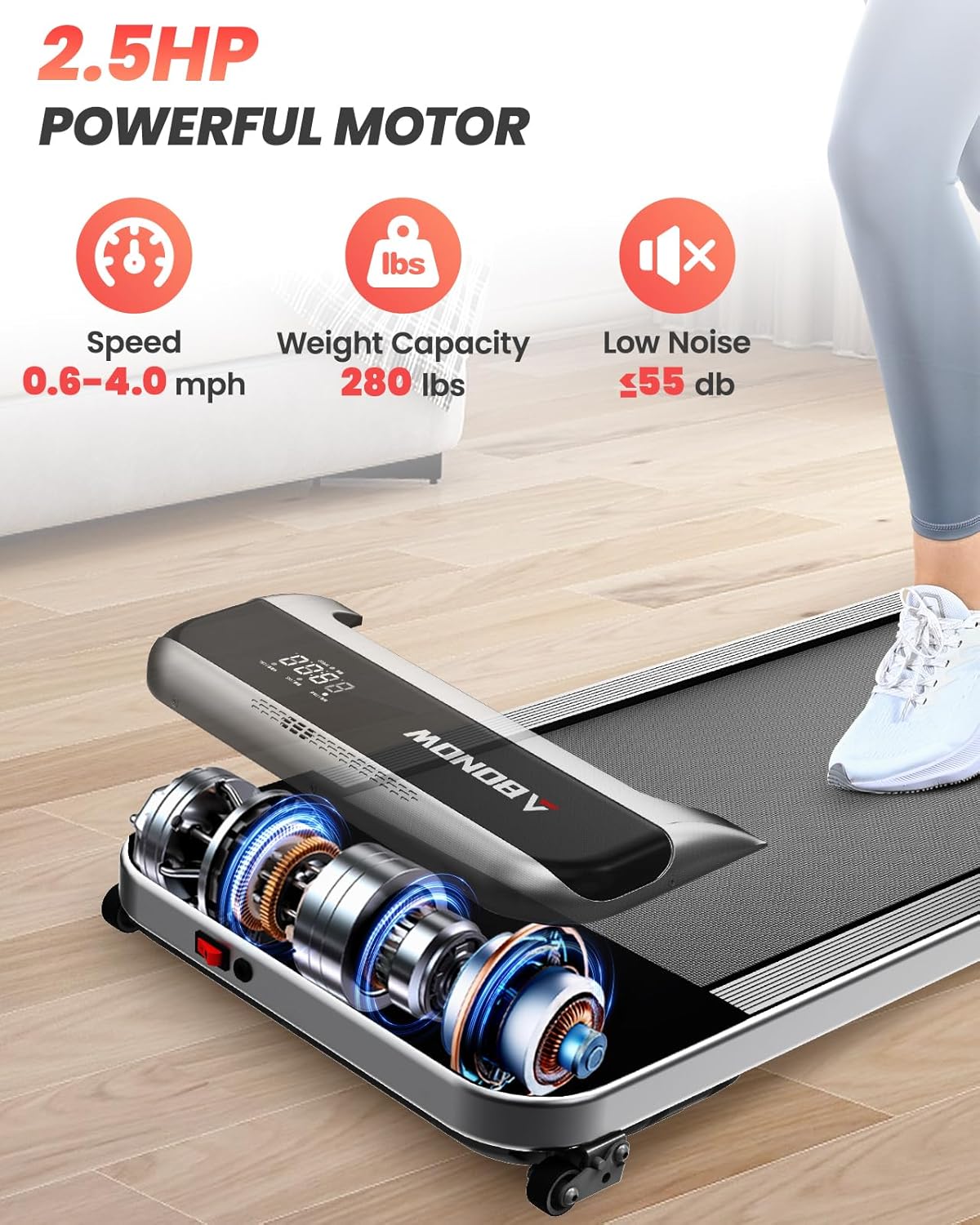 Walking Pad, Under Desk Treadmill with Incline for Home Office 2.5HP Portable Walking Treadmill with 280 Lbs Weight Capacity Walking Machine, Remote Control, LED Display - image 4