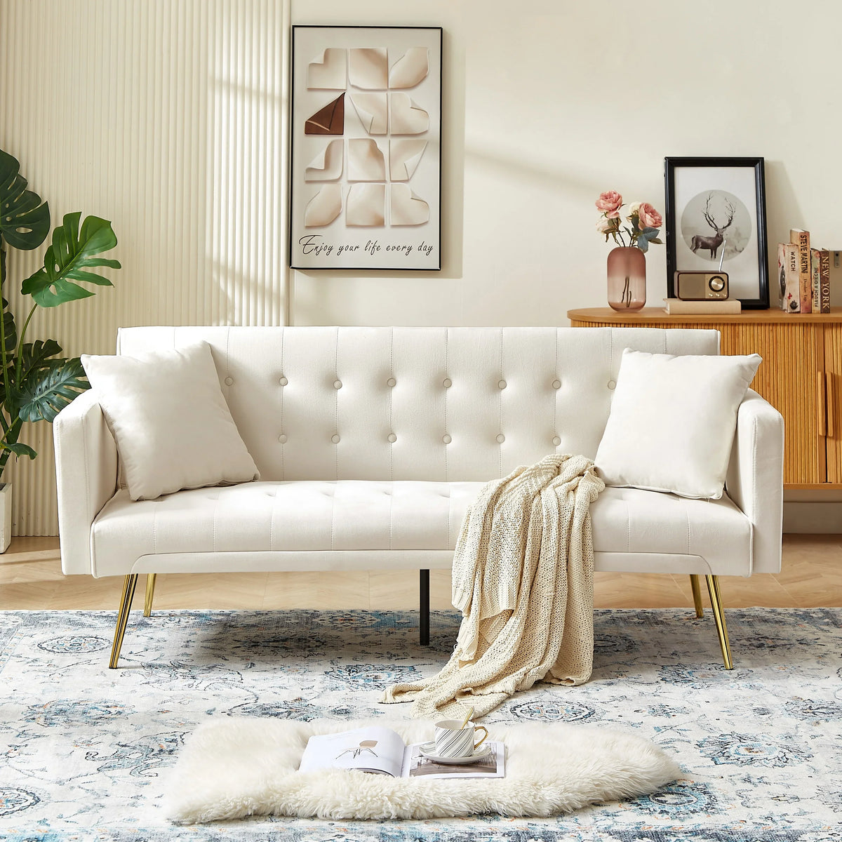 Leumius Velvet Futon Sofa Bed Mid-Century Modern Adjustable Backrest with Pillows, Gray/Gold - image 17