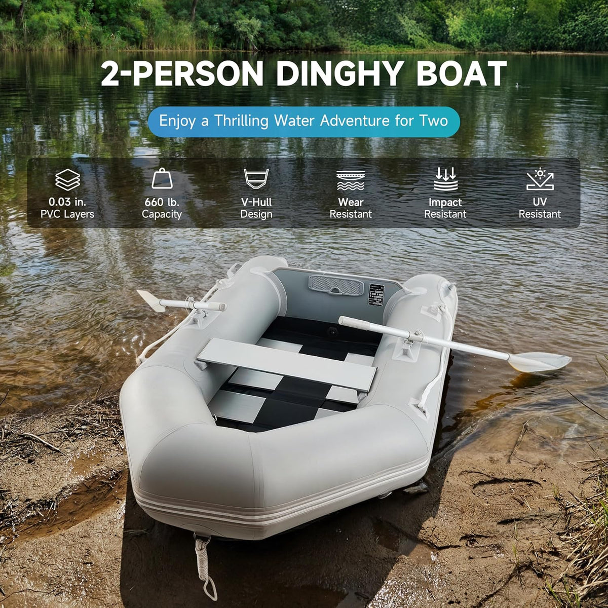 CREWORKS 7.5ft Inflatable Dinghy Boat, 2 Person 660lb Transom Sport Tender Boat with Pump Aluminum Oars Floor, Heavy Duty Inflatable Raft Kayak for Adults - image 2