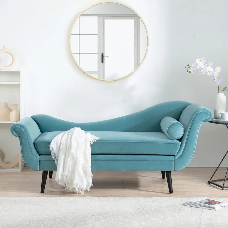 Upholstered Indoor Chaise Lounge Chair with Scroll Arms, Reclining Feature, Rolled Accent Pillow, and Sturdy Solid Wood Legs - image 3