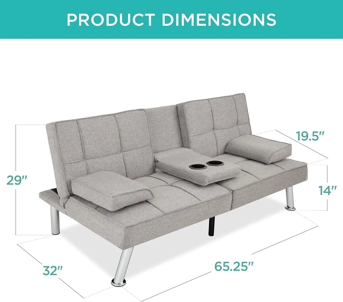 Best Choice Products Linen Upholstered Modern Convertible Folding Futon Sofa Bed for Compact Living Space, Apartment, Dorm, Bonus Room w/Removable Armrests, Metal Legs, 2 Cupholders - Gray - image 23