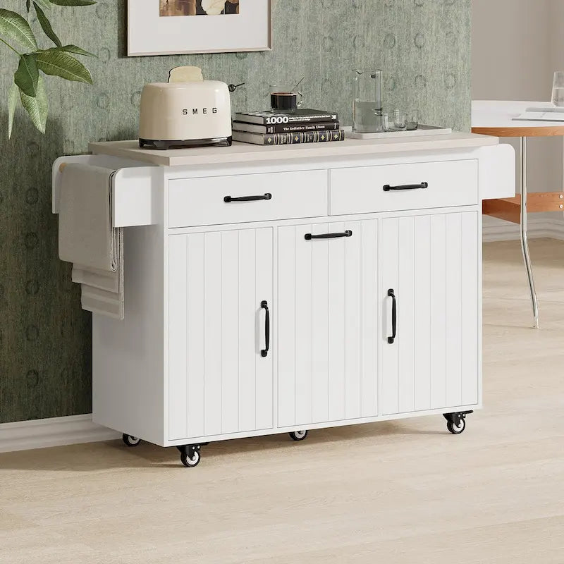 Kitchen Island with Built-In Trash Can Storage and Drop Leaf Cart - image 1