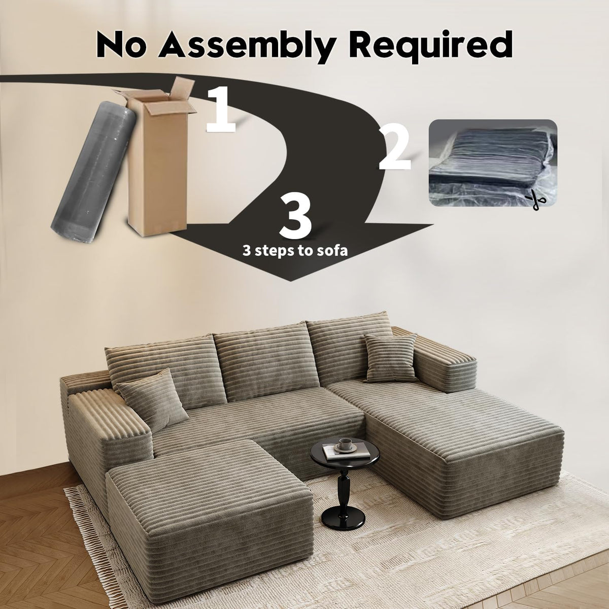 107.5" Cloud Modular Sectional Sofa Couch with L-Shape Chaise,Modern Minimalist Upholstered Couches for Living Room Bedroom,Deep Seat Corner Couch .No Assembly Required (Black,Left Facing Chaise) - image 55