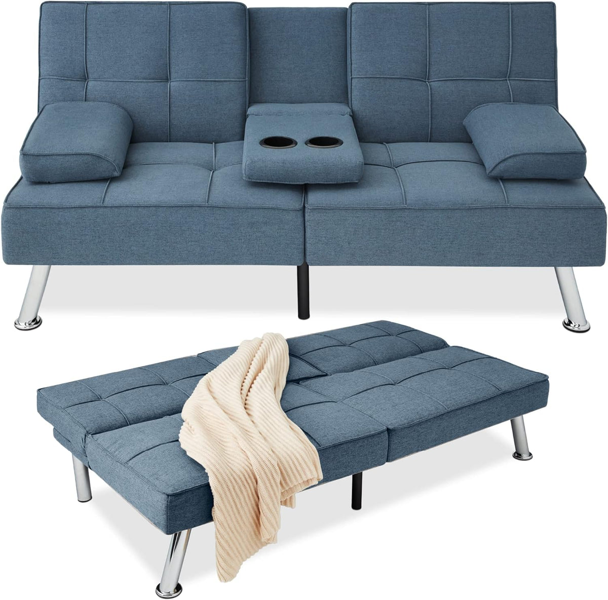 Best Choice Products Linen Upholstered Modern Convertible Folding Futon Sofa Bed for Compact Living Space, Apartment, Dorm, Bonus Room w/Removable Armrests, Metal Legs, 2 Cupholders - Gray - image 3