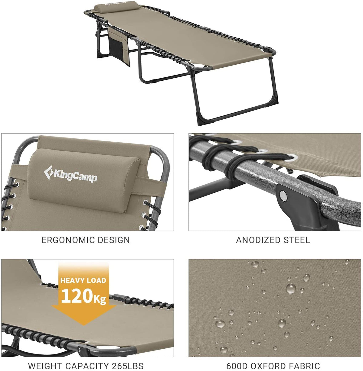 Adjustable 4-Position Folding Chaise Lounge Chair with Pillow Pocket, Supports 265lbs - image 4