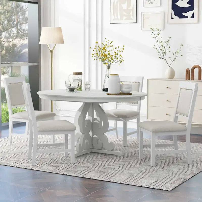 Vintage White 5-Piece Wooden Dining Set with Extendable Table and 4 Chairs - image 1