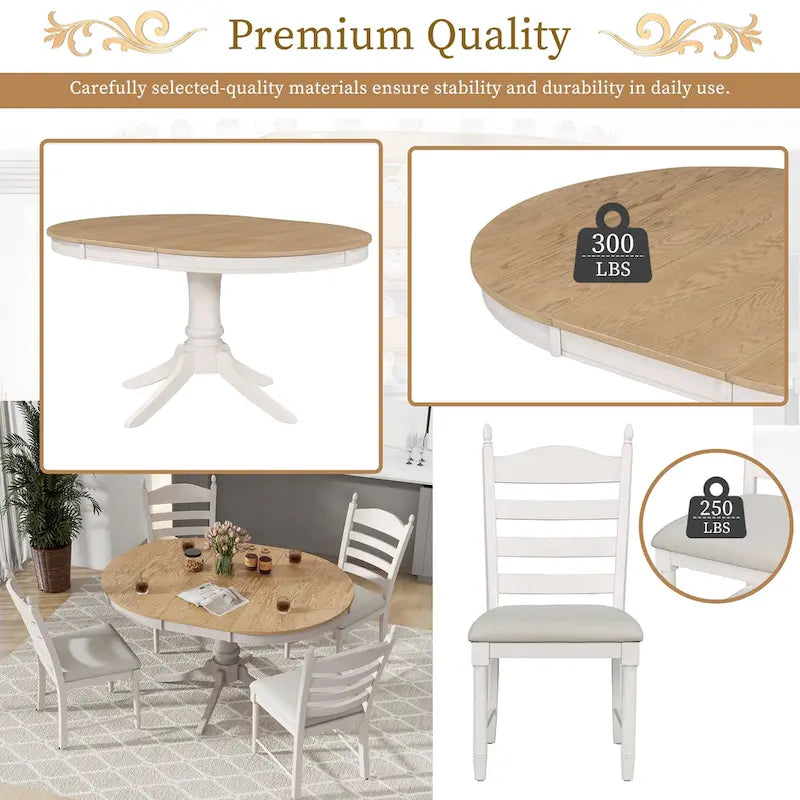 5-Piece Retro Wood Dining Set: Round Extendable Table with 4 Upholstered Chairs - image 18