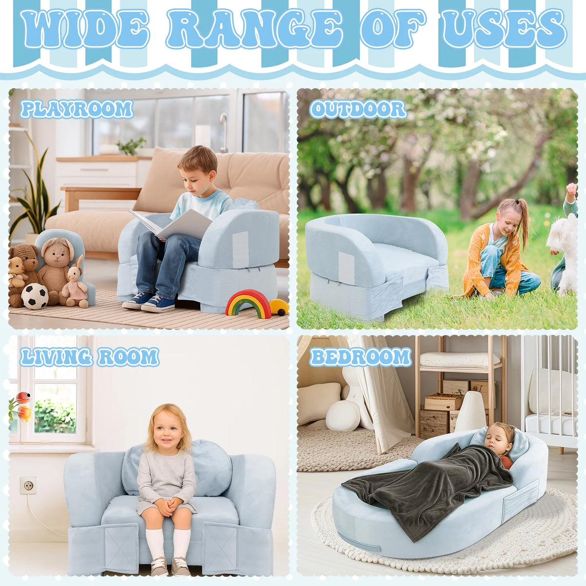 Coumy Toddler Travel Bed 2-in-1 Kids Sofa Chair with Removable Cover, Soft Foam Portable Foldable Toddler Bed for Travel with Carrying Bag, Blue - image 8