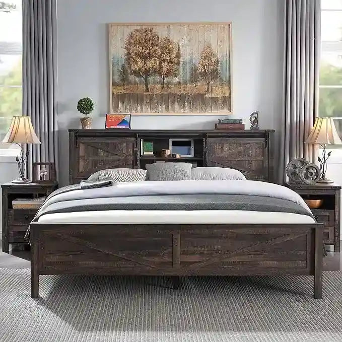 Farmhouse Full Bed Frame with Storage Shelves and Built-in Charging Station - image 20