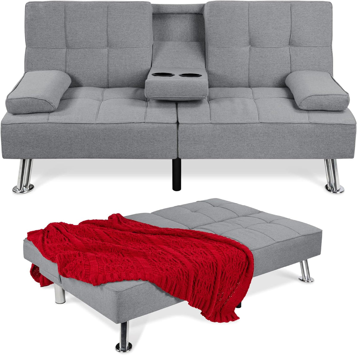 Best Choice Products Linen Upholstered Modern Convertible Folding Futon Sofa Bed for Compact Living Space, Apartment, Dorm, Bonus Room w/Removable Armrests, Metal Legs, 2 Cupholders - Gray - image 4