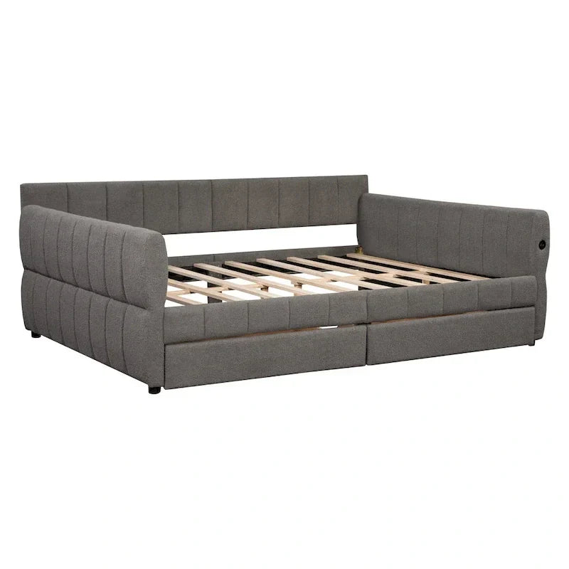 Upholstered Queen Size Daybed Sofa Bed with USB Ports and 2 Drawers - Vertical Stripes Recliner Loveseat Chaise Lounge - image 27