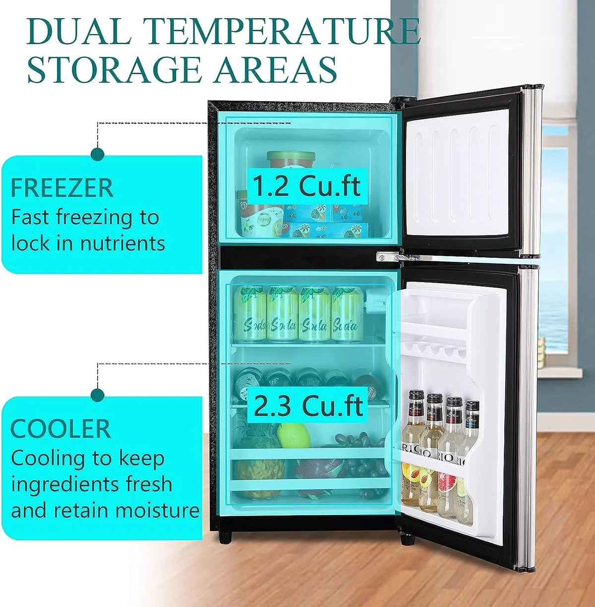Harper & Bright Designs Double Door Mini Fridge with Freezer, 3.2 Cu.Ft Compact Refrigerator with Adjustable Shelf, Adjustable Thermostat and Reversible Door for Bedroom, Dorm, Home Office, White - image 21