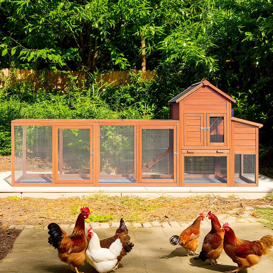 Pefilos 112" Large Rabbit Hutch Outdoor Wood Chicken Coop, Hen House with Nest Box, Wire Fence Poultry Cage, Orange - image 1