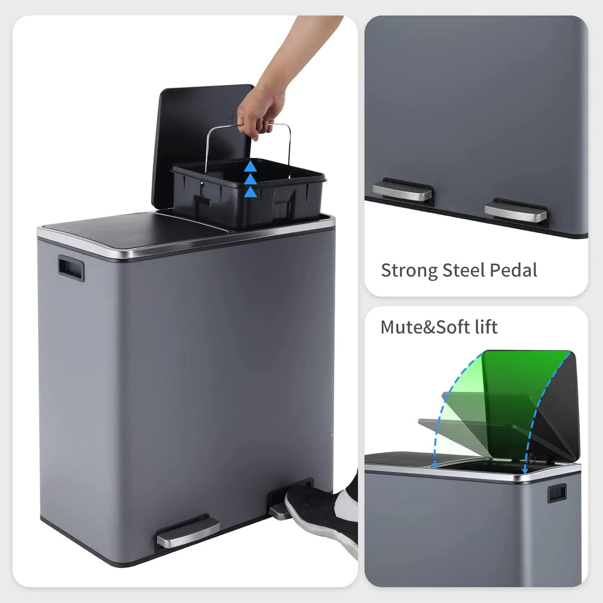 Arlopu 60 L/16 gal Dual Trash Can, Stainless Steel Garbage Can for Kitchen, Recycle Bin with Lid - image 24