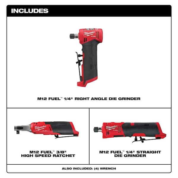 M12 FUEL 12V Lithium-Ion High Speed 3/8 in. Ratchet w/ (1) 1/4 in. Right Angle and (1) 1/4 in. Straight Die Grinder - image 2