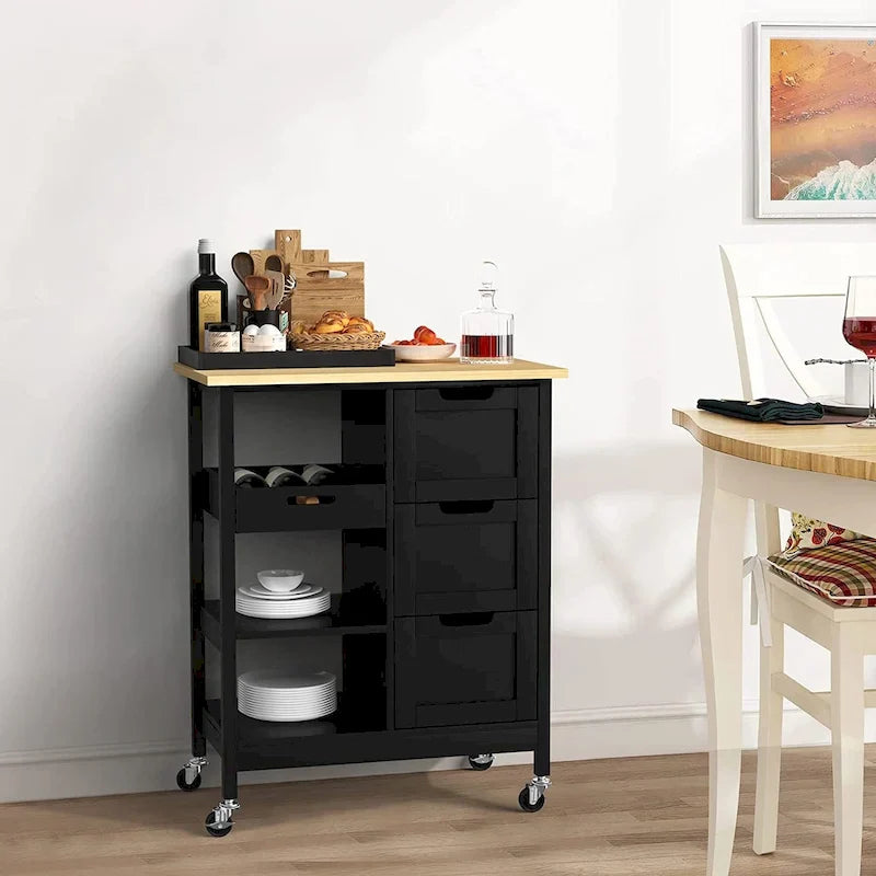 Kleio Solid Wood Kitchen Island Storage Cart with 3 Drawers - Rolling Serving Trolley - image 2