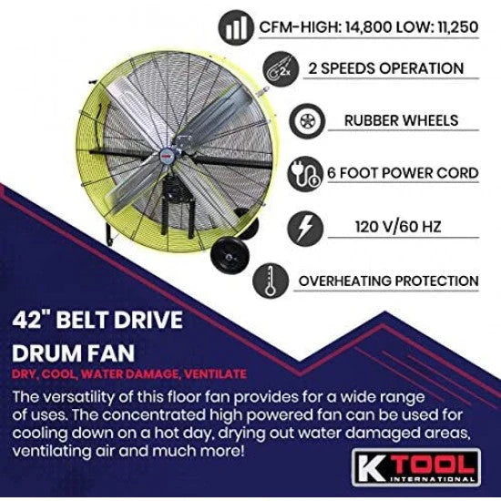 K Tool International 42′′ Belt Drive Drum Fan; Industrial, Garage, Shop, High Speed 2-Speed, Durable, Cut-Off Protection, Easy Mobility Rubber Wheels; SAFETY YELLOW KTI77743 - image 3