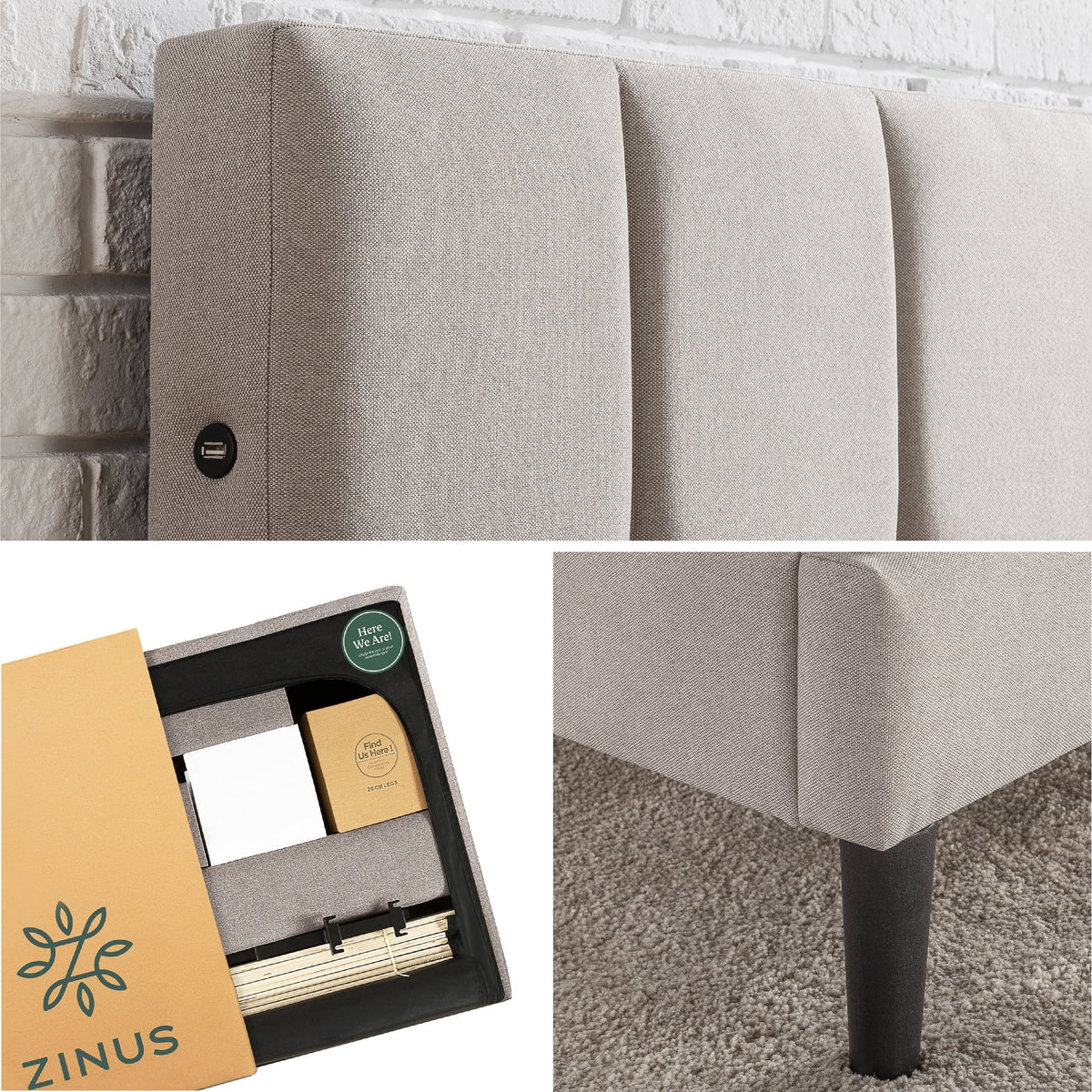 Zinus Lottie 35" Upholstered Platform Bed Frame with USB Ports, Grey, Queen - image 16
