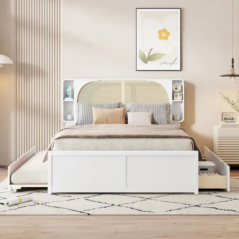 White Queen Size Rattan Bed with Trundle and Dual Storage Drawers - image 3