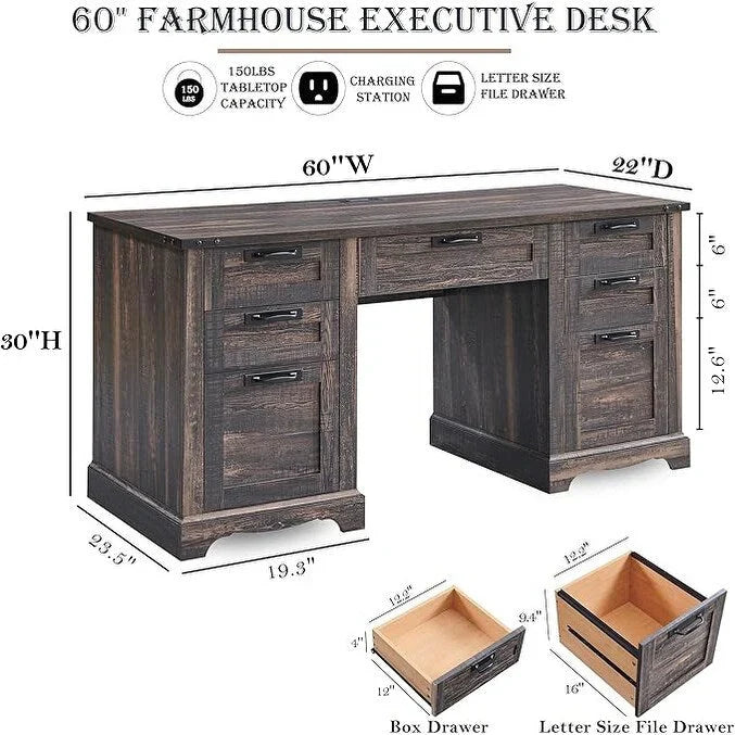 60 Farmhouse Executive Desk, Wood Home Office Desk, Computer Desk - image 21