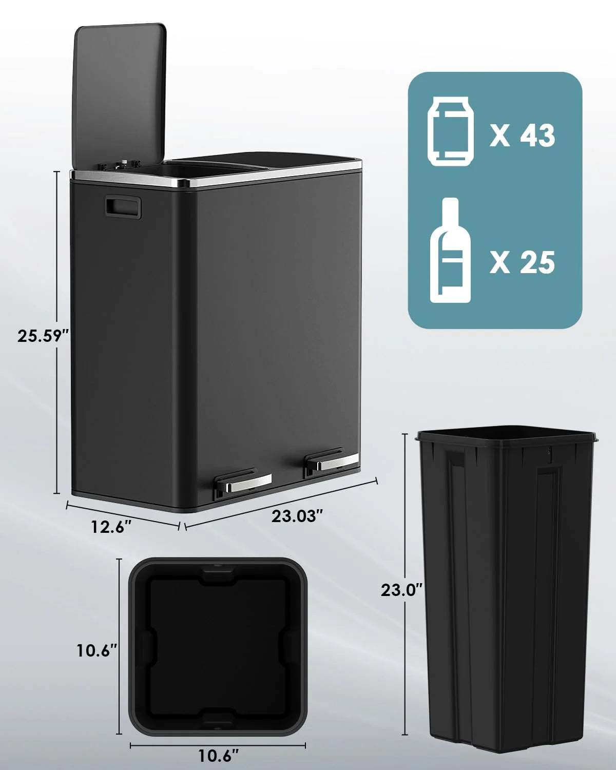 Arlopu 60 L/16 gal Dual Trash Can, Stainless Steel Garbage Can for Kitchen, Recycle Bin with Lid - image 2