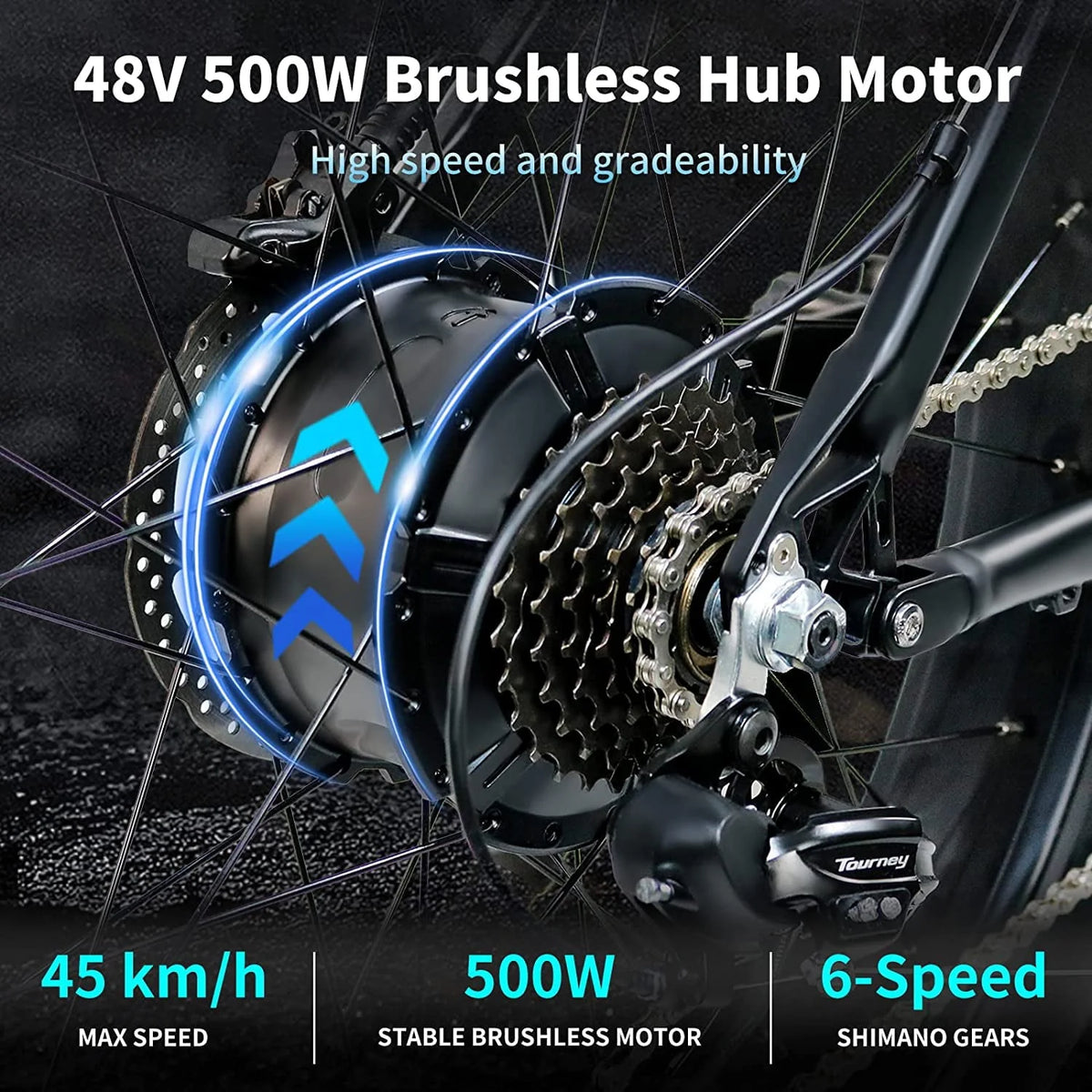 Electric Bike Electric Mountain Bike 500W Ebike26'' Fat Tire Ebike, 28+MPH Adults Ebike with Removable 48V 15ah Battery, Shimano 6 - Speed Black - image 4