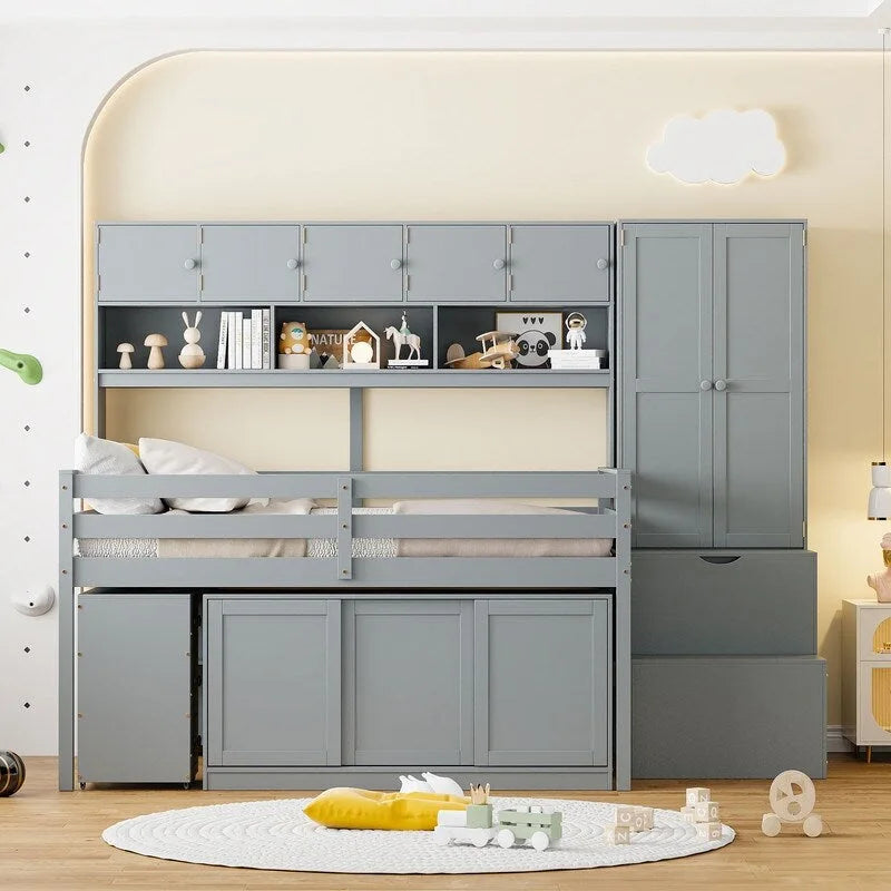 Spacious Wooden Loft Bed with Ample Storage, Under-Bed Desk, Drawers, and Shelves - image 2