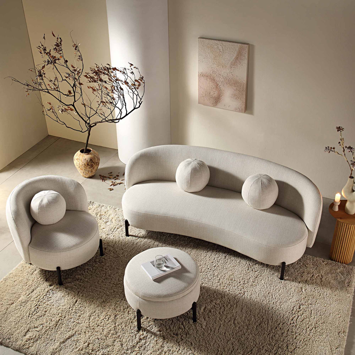 3-Seater Curved Sofa with Ball Cushions, Beige Linen Blend - image 4