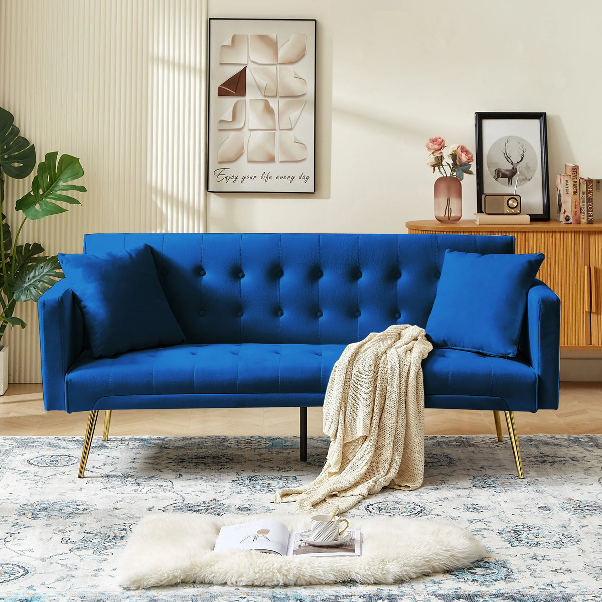 Leumius Velvet Futon Sofa Bed Mid-Century Modern Adjustable Backrest with Pillows, Gray/Gold - image 28