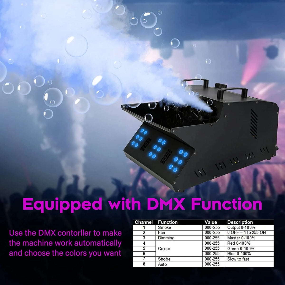 TC-Home 3 IN 1 Stage Fog Bubble Machine with 18 RGB LED light DMX Stage Lighting Fogger Effect w/ 2 Bubble Fans - image 3