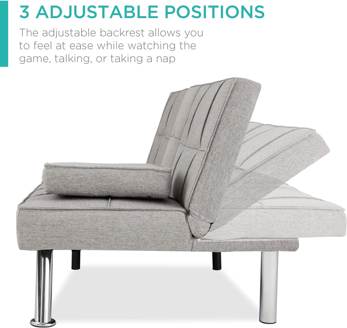 Best Choice Products Linen Upholstered Modern Convertible Folding Futon Sofa Bed for Compact Living Space, Apartment, Dorm, Bonus Room w/Removable Armrests, Metal Legs, 2 Cupholders - Gray - image 18