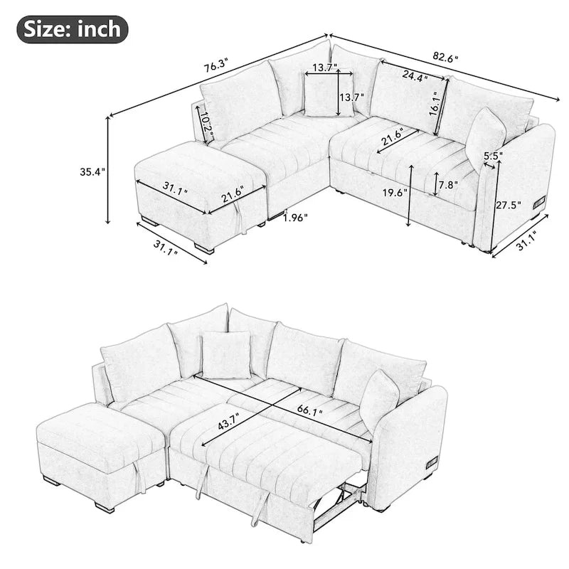 82.6" L-Shaped Sectional Sleeper Sofa Bed with Dual USB Ports, Power Outlets, and Removable Storage Ottoman - Bei - image 2