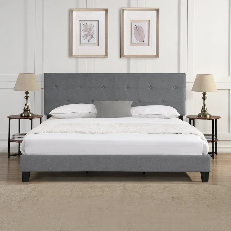 King Size Upholstered Platform Bed with Button-Tufted Linen Headboard - image 2
