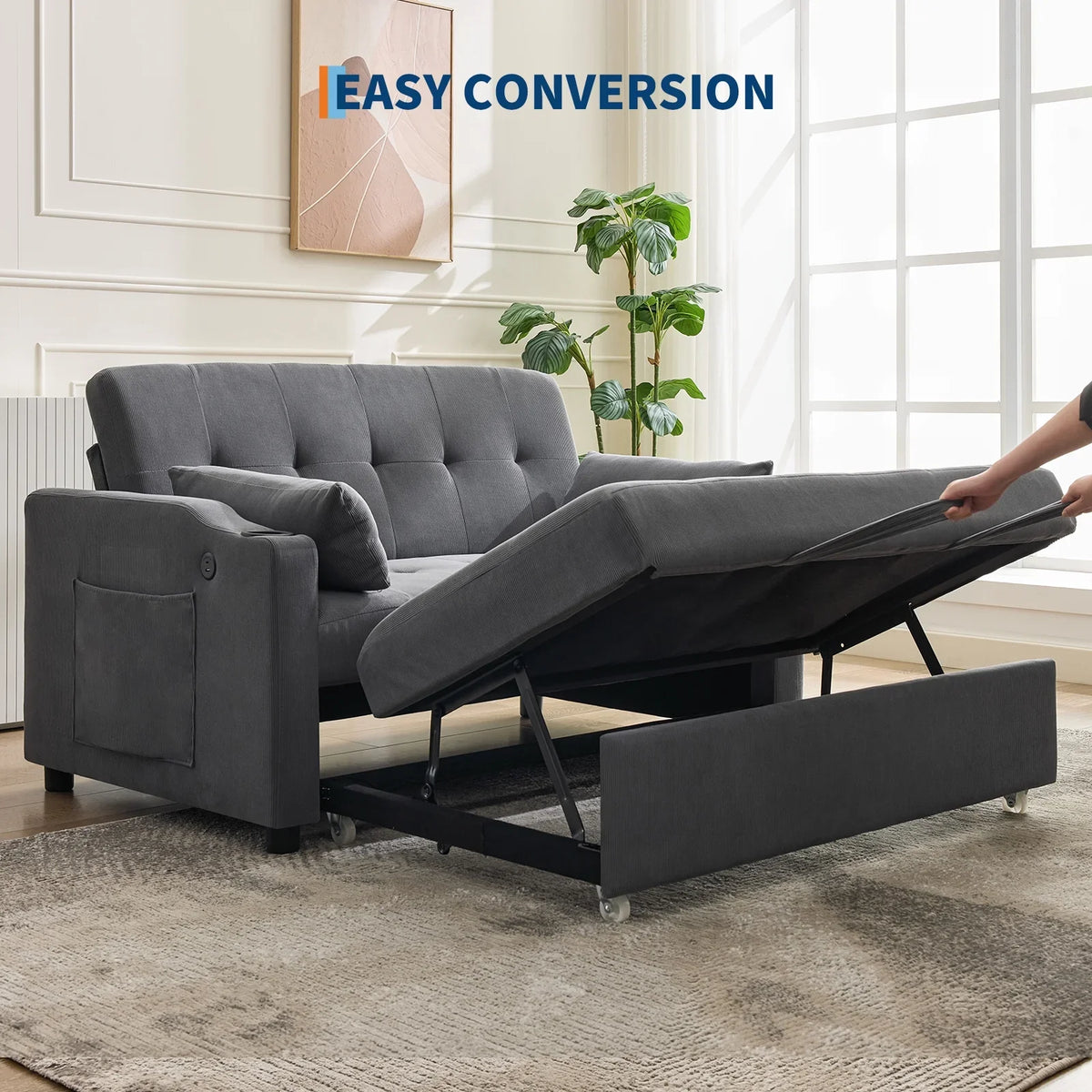 3 in 1 Convertible Sleeper Sofa Bed, Corduroy Futon Couches with Pull-Out Bed, Adjustable Backrest, Charging Port & Side Pockets, Modern Upholstered Sofa for Living Room, Guest Room - image 27