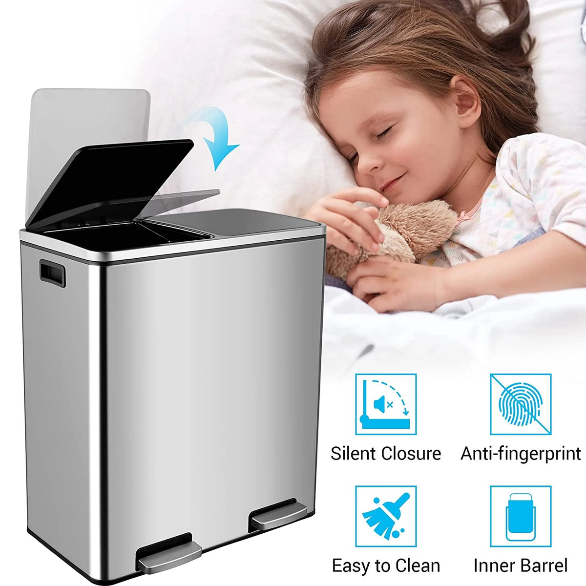 Arlopu 60 L/16 gal Dual Trash Can, Stainless Steel Garbage Can for Kitchen, Recycle Bin with Lid - image 48