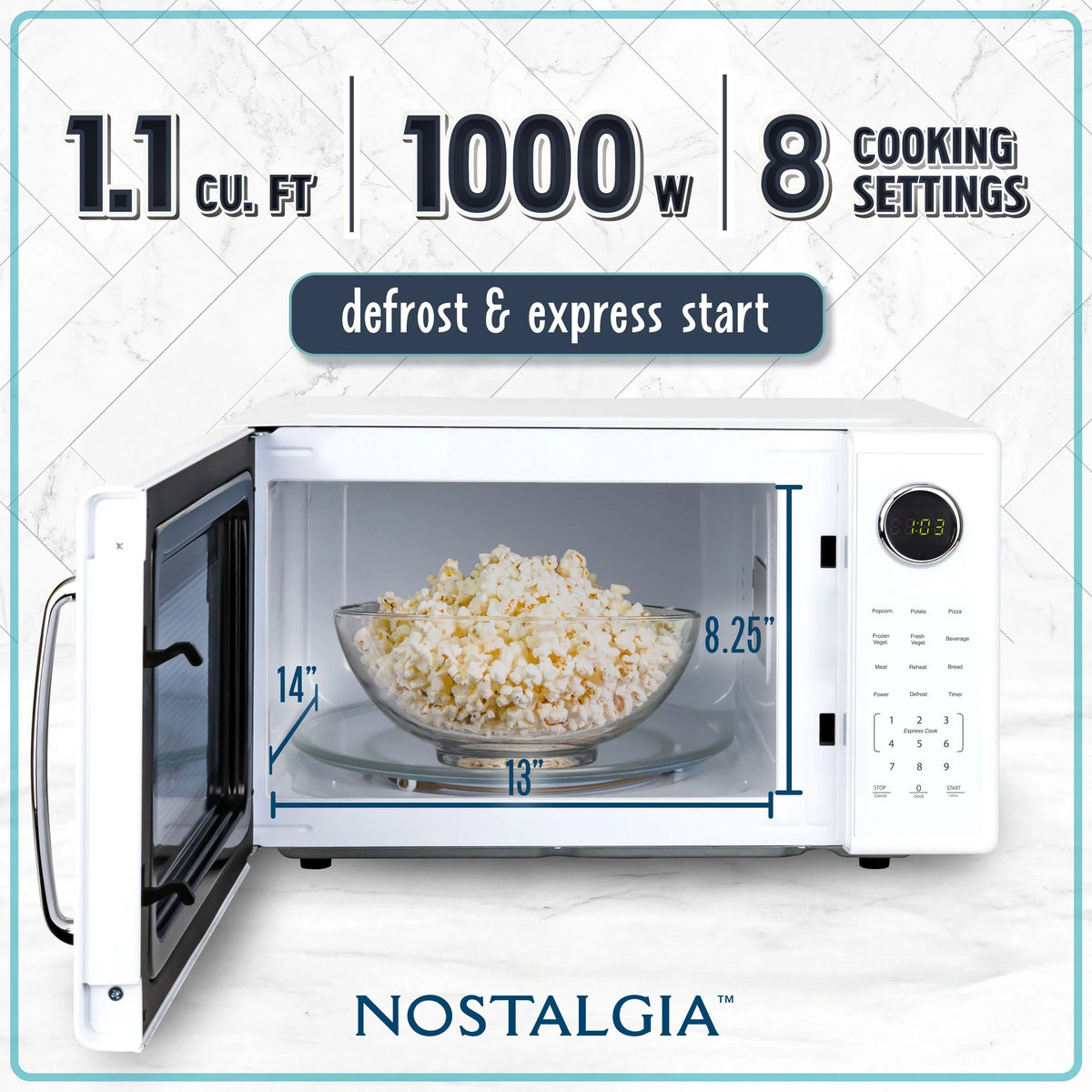 Nostalgia Retro Microwave Oven - 1.1 Cu Ft & 1000-Watt Countertop Size with Glass Turntable, Child Safety Lock, 8 Auto-Cook Programs & Digital Clock - Black - image 22