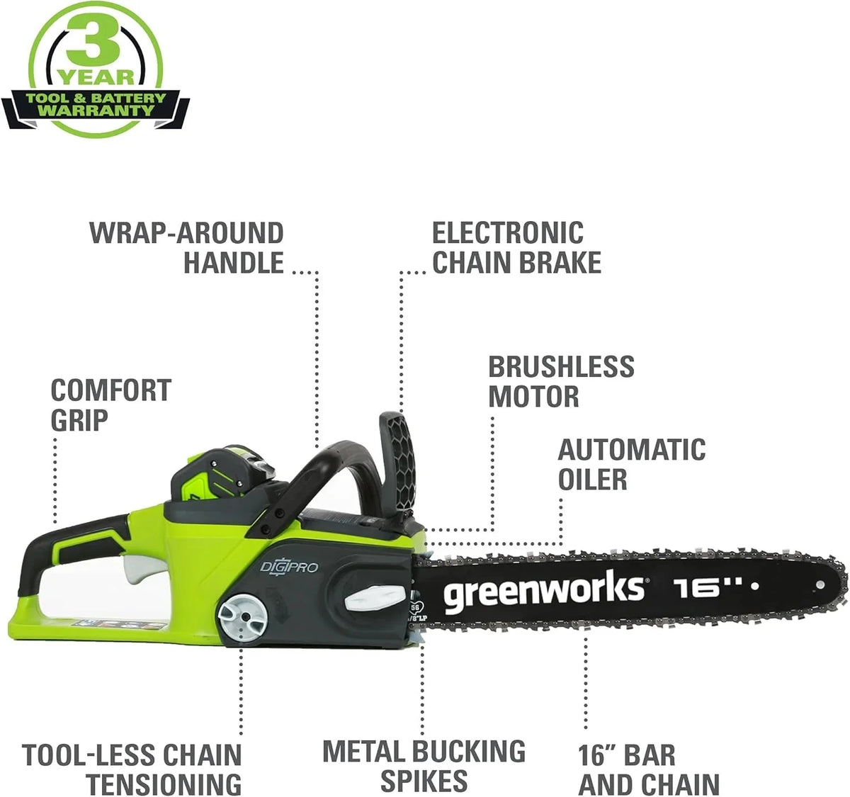 Greenworks 40V 16" Brushless Cordless Chainsaw, 4.0Ah Battery and Charger Included - image 13