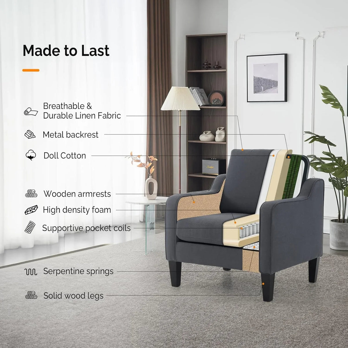 VINGLI Mid-Century Accent Chairs, Upholstered Linen Armchairs for Living Room/Bedroom, Beige (Set of 2) - image 15