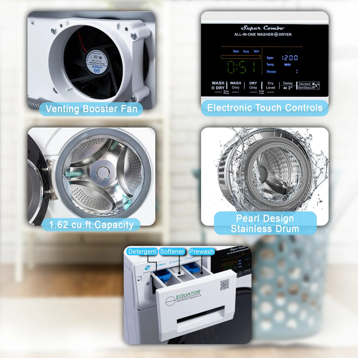 Equator Combination Washer Dryer Ventless/Vented Pet cycle 1.62cf/15lbs 110V with Adjustable legs - image 19