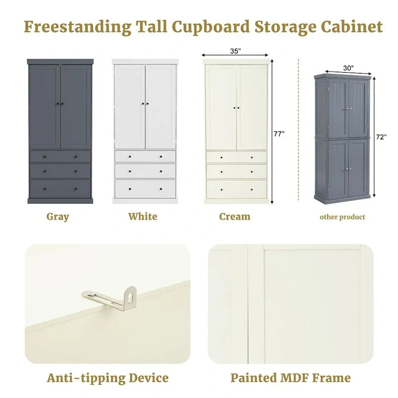77-Inch Freestanding Tall Pantry Cabinet - Farmhouse Style Kitchen Storage - image 8