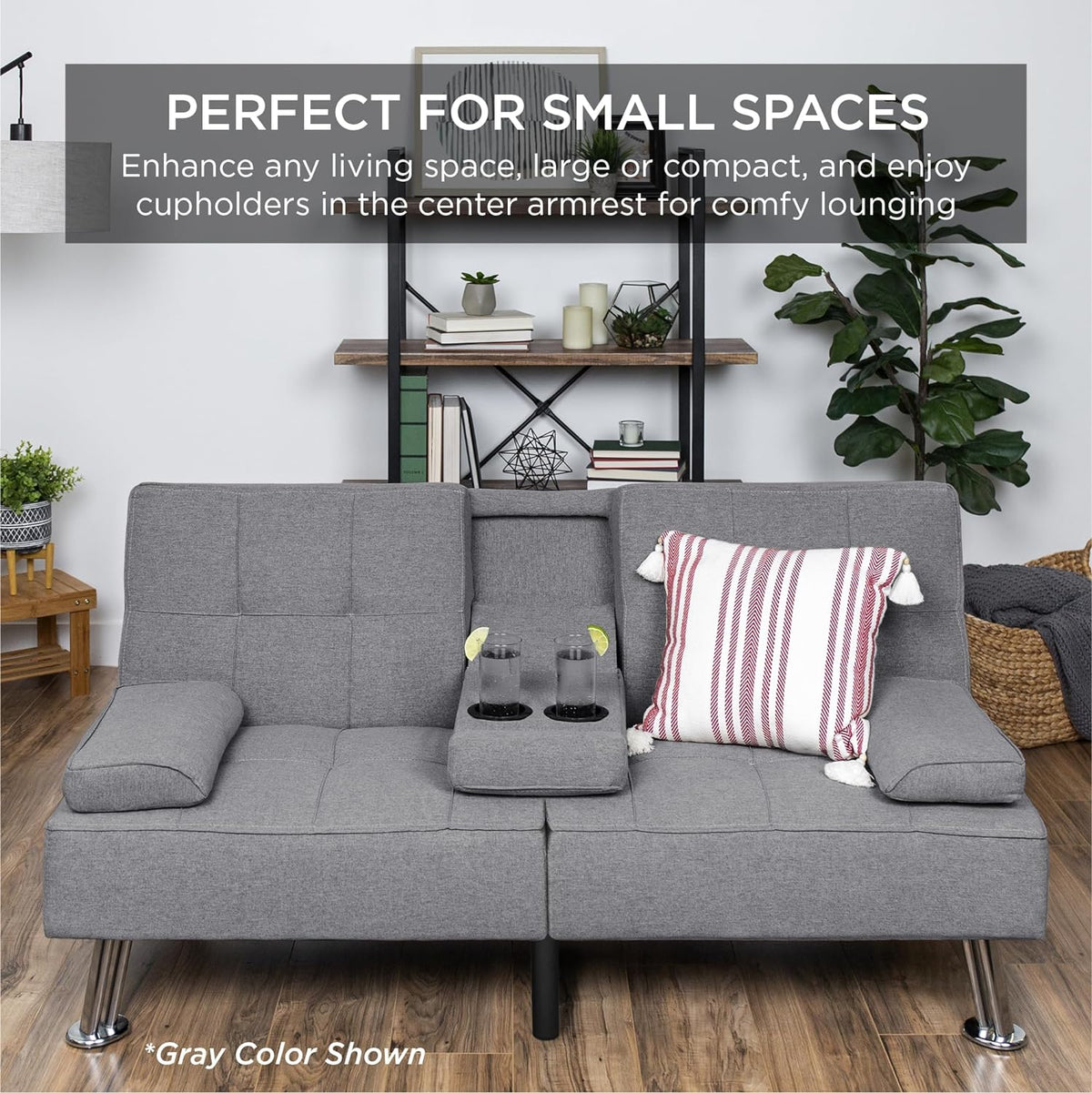 Best Choice Products Linen Upholstered Modern Convertible Folding Futon Sofa Bed for Compact Living Space, Apartment, Dorm, Bonus Room w/Removable Armrests, Metal Legs, 2 Cupholders - Gray - image 22