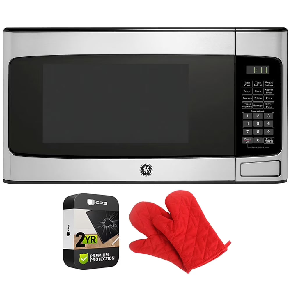 GE GCST11N1WSS 1.1 cu. ft. Countertop Microwave Oven 950 Watts Stainless Steel Bundle with 2 YR CPS Enhanced Protection Pack and Deco Chef Pair of Red Heat Resistant Oven Mitt - image 1